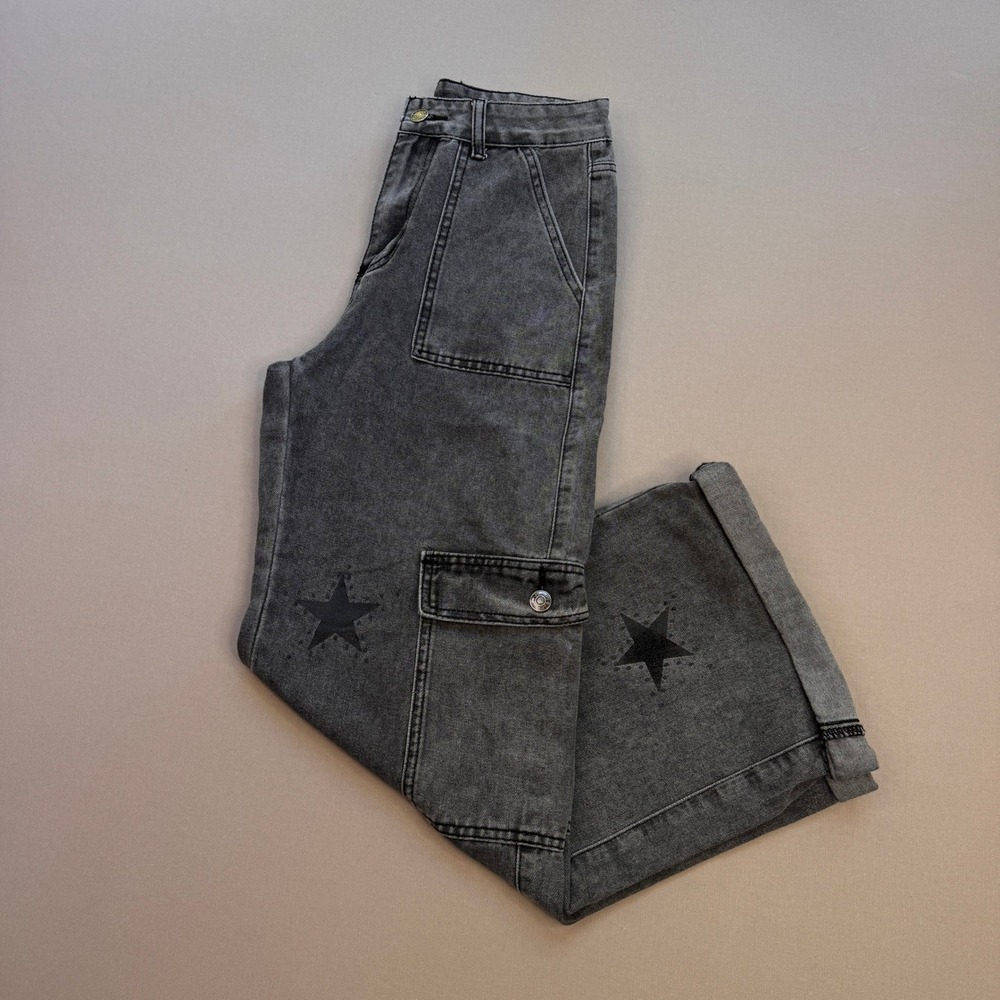 Romwe Womens Grey Acid Wash Star Print Cargo Jeans Wide Leg XS 2 utility Y2K